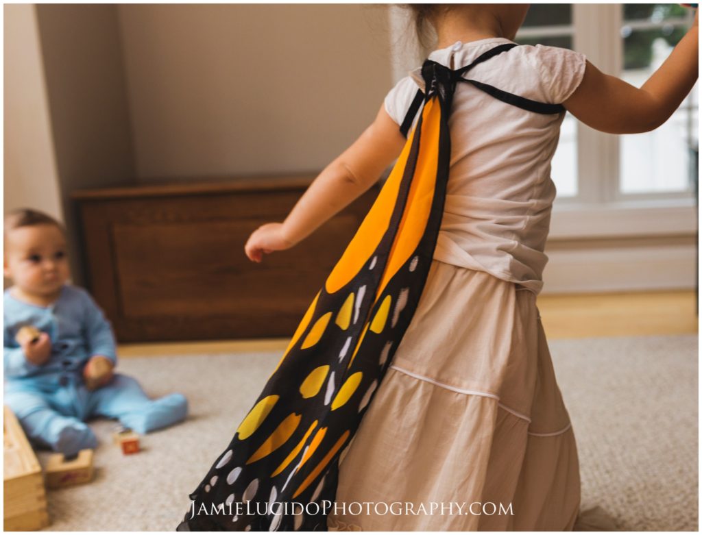 girl dancing, children playing, monarch butterfly, family lifestyle photography