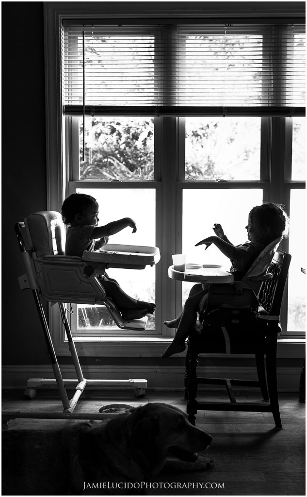high chairs, silhouette, early morning breakfast, sibling love, sibling photos