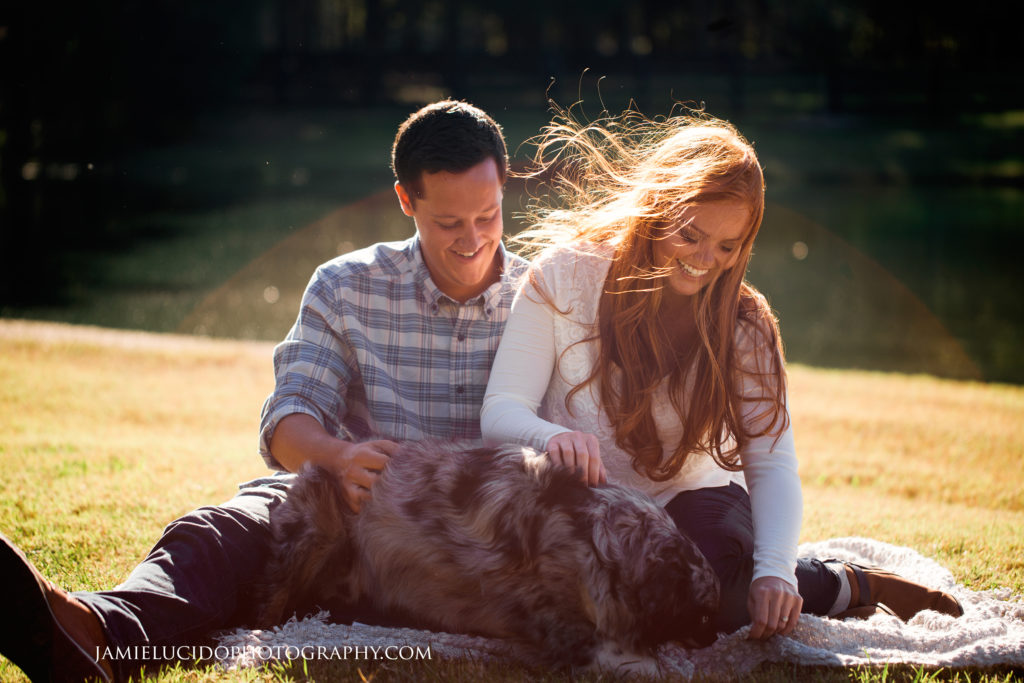 couple and dog during engagement session