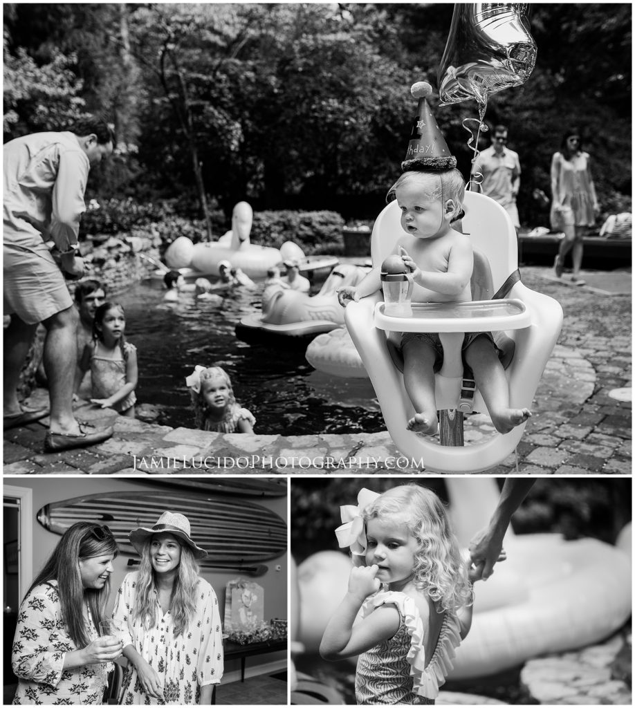 pool party, first birthday, black and white, documentary photography