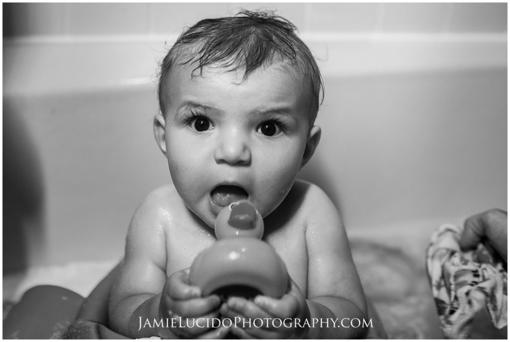 black and white, bath portrait, bath time, baby with duck, black and white portrait, real life portrait, charlotte family photographer, in home session