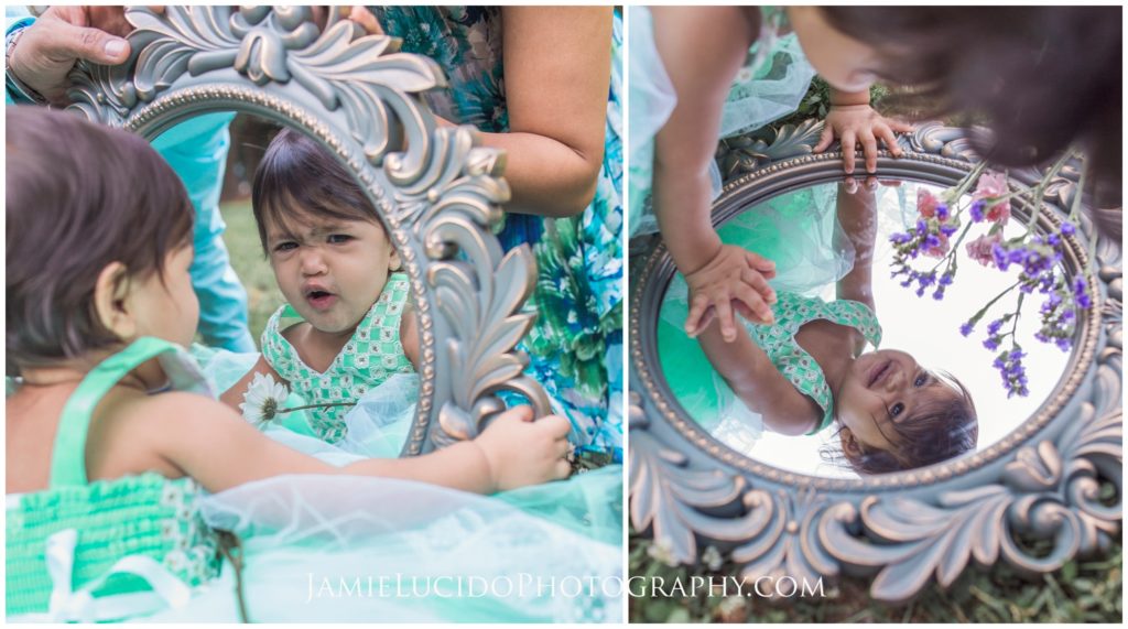baby and mirror, birthday session, first portraits