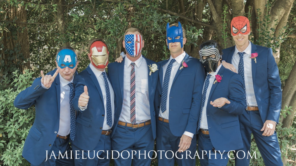 groomsmen with superhero masks
