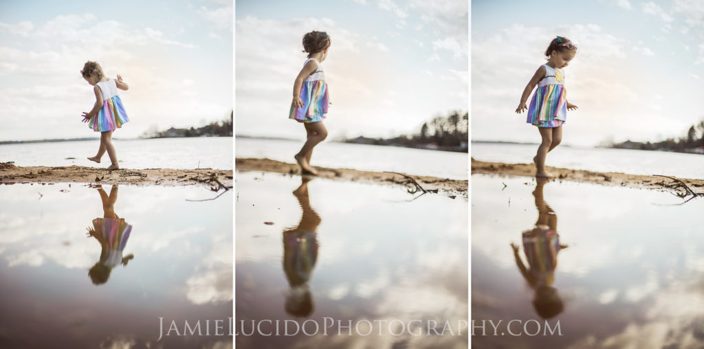 girl at water, girl at beach, child at play, reflection, portrait of child, child inspiration, portrait inspo, freelensing
