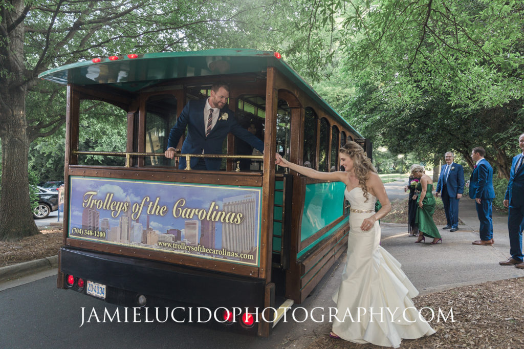 bride steps on to trolley