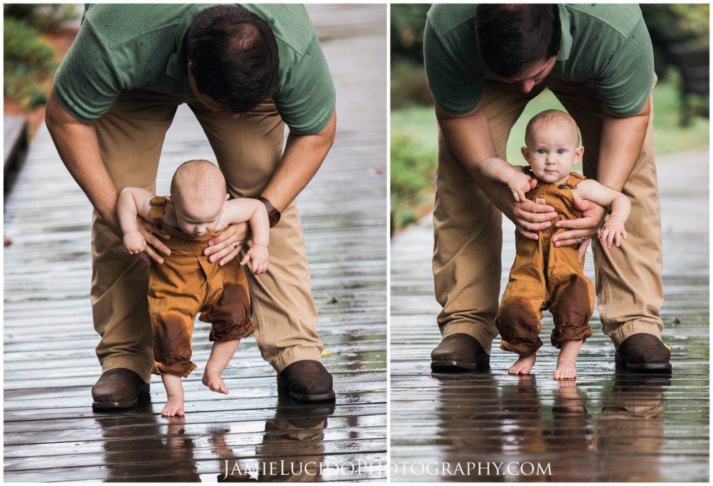 first steps, baby's first steps, father son photograph, lifestyle photography, family photographer in charlotte, photography in the rain