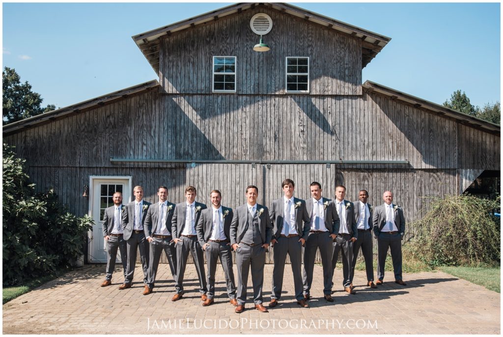 flying v, groomsmen flying v, morning glory farm, barn wedding, groomsmen in front of barn, charlotte wedding photographer, charlotte wedding venue