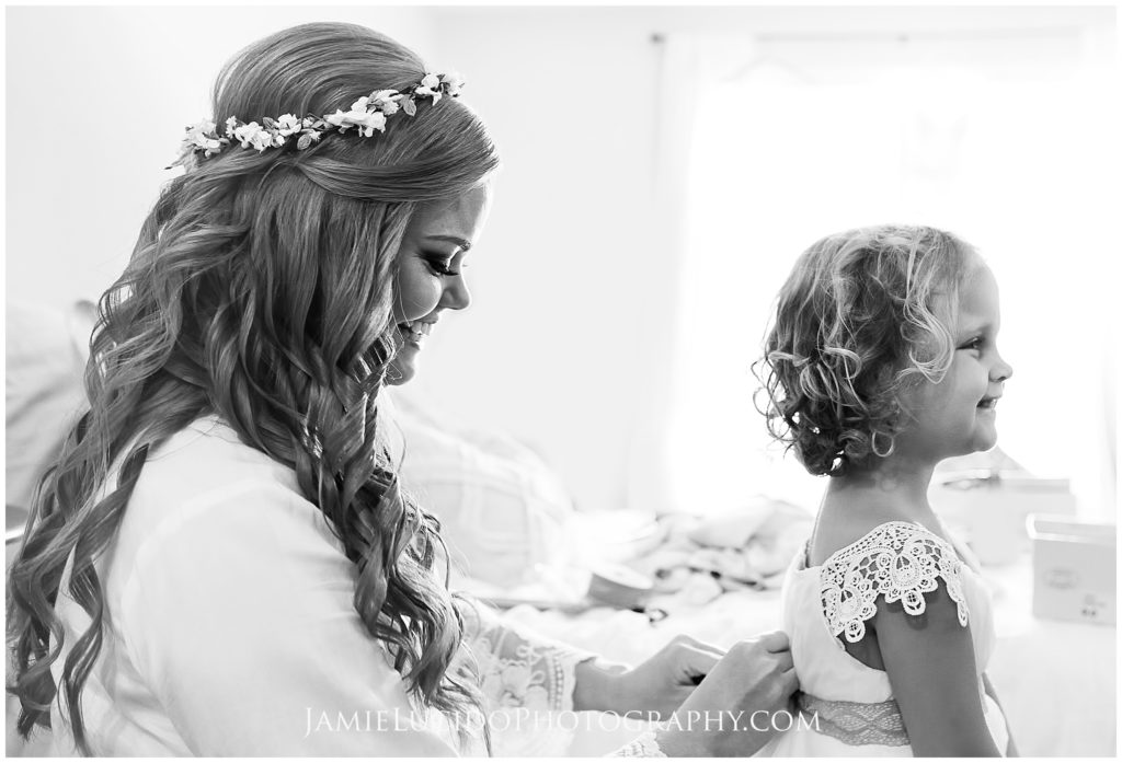 documentary photography, wedding documentary, bride and flower girl, wedding party prep, black and white photography, charlotte's best wedding photographer
