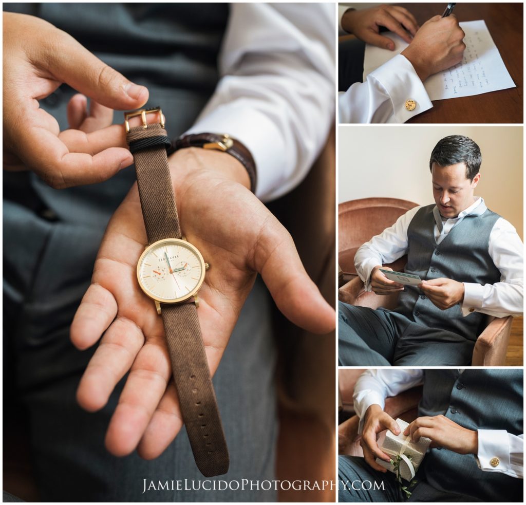 groom's gift, groom getting ready, gift for the groom, wedding gift, documentary photography