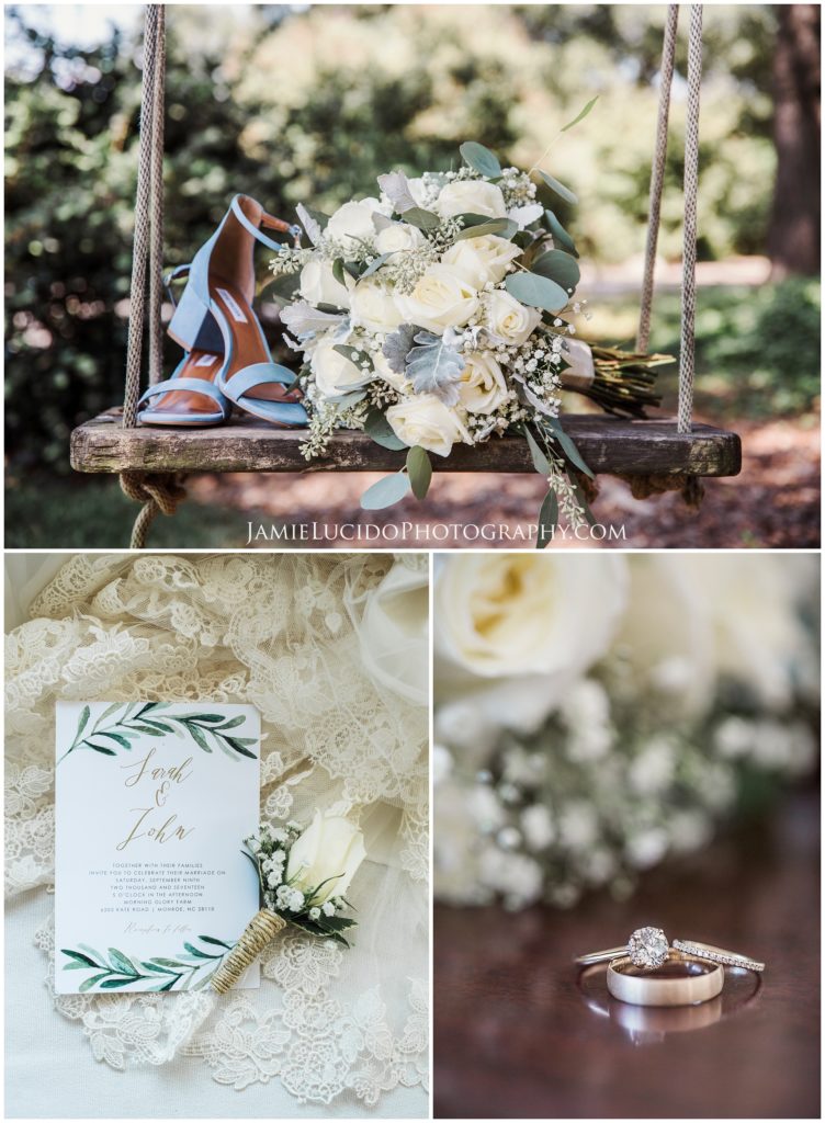 wedding details, wedding bouquet, blue suede shoes, wedding invitation, wedding rings