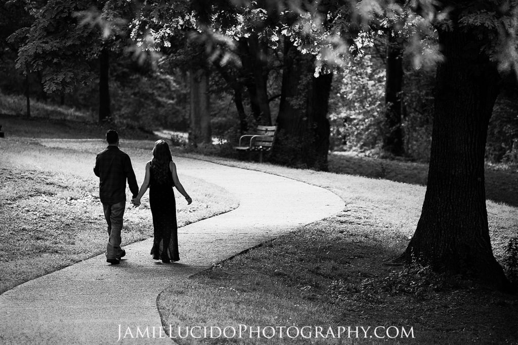 couple walking down path, engagement couple, engagement session, pathway
