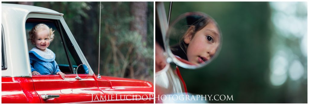 children's photographer, red truck, natural light photography, detail photography