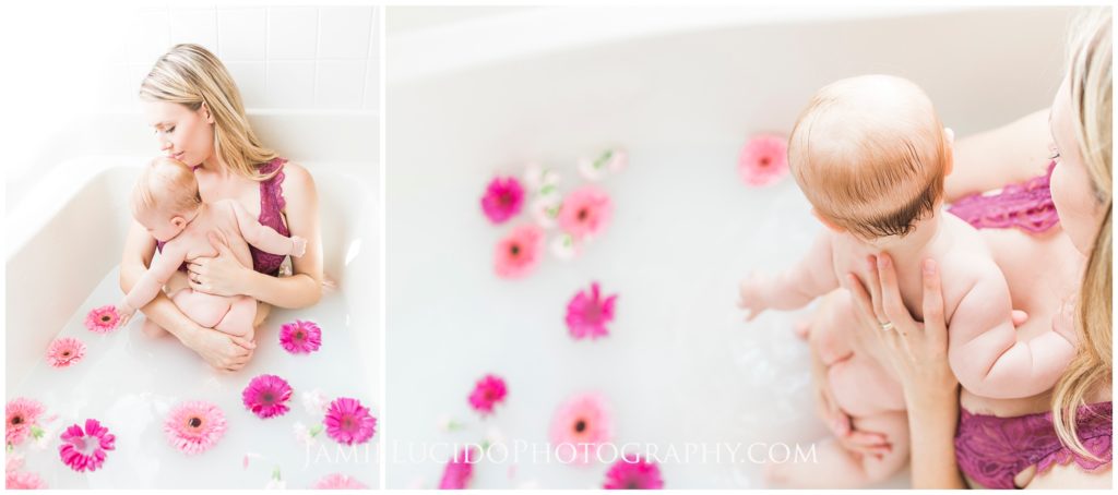 baby milk bath, charlotte photographer jamie lucido, baby bath, bath photography, six month milestone