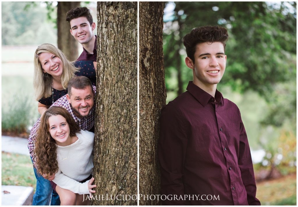 fun family session, pinterest family, peek from behind tree, senior portrait, sense of humor