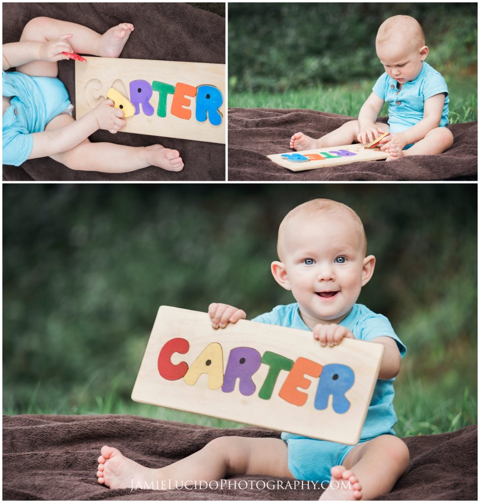 baby puzzle, name puzzle, 9-month portrait, children's photographer