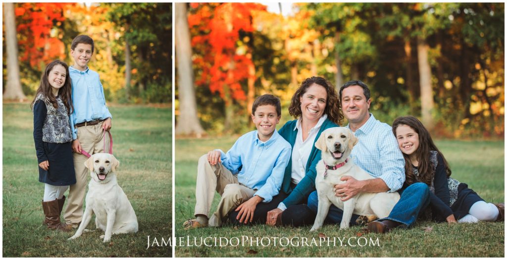 Fall Family Photography, family portrait with dog, dog photography, classic family photo, what to wear for pictures, charlotte photographer jamie lucido, family photography, best family photographer
