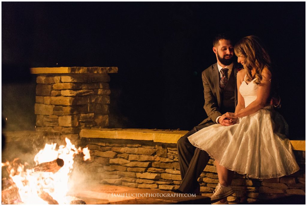 bride and groom, fire pit, nighttime photography, quiet moment
