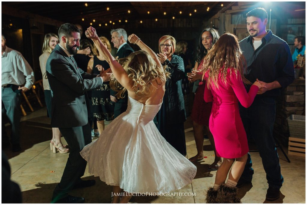 bride dancing, dance, wedding joy, tea length wedding dress
