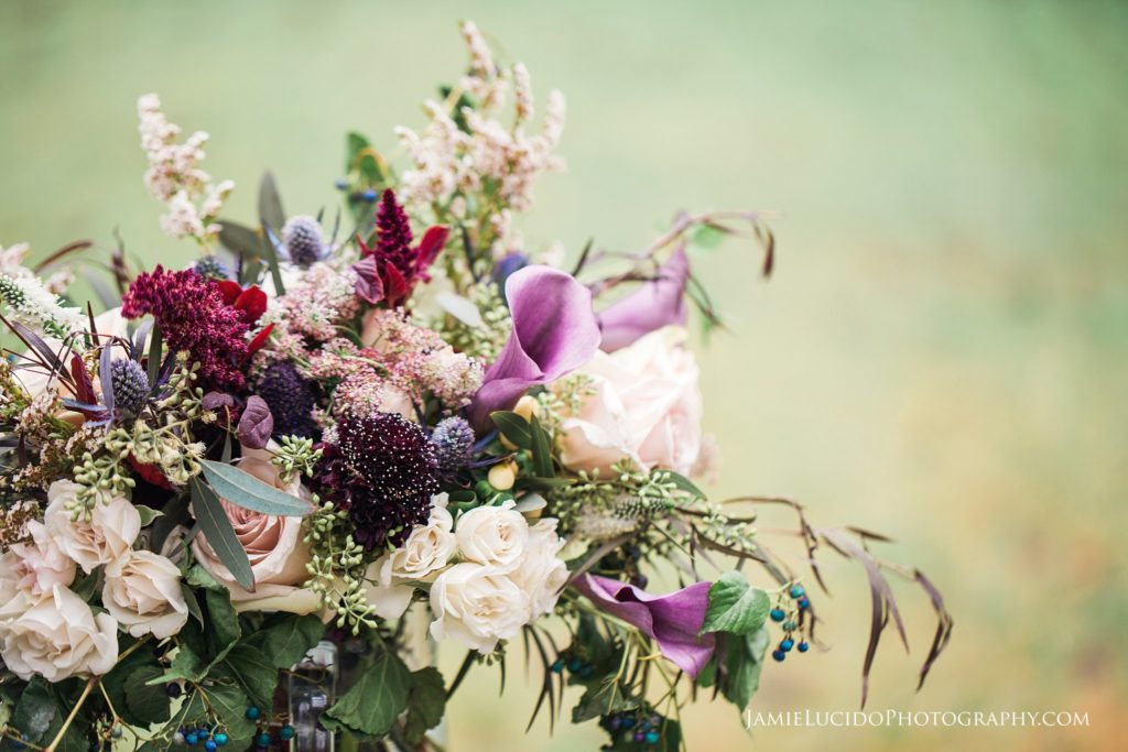 wedding flowers, bridal bouquet, messy bouquet, boho bouquet, green, purple