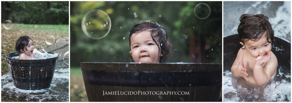 baby bath, outdoor bath, bubble bath, lifestyle photography, jamie lucido photography, styled shoot, bubbles