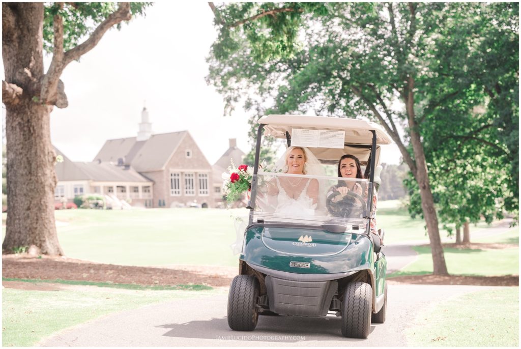bride on golf cart, golf course wedding, cedarwood country club