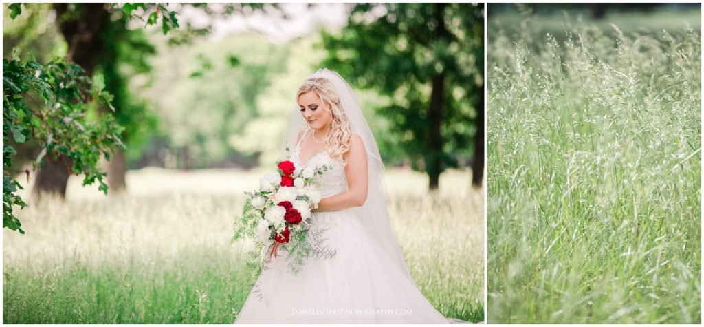 bride in field, bride in grass, bride on golf course, natural light portrait