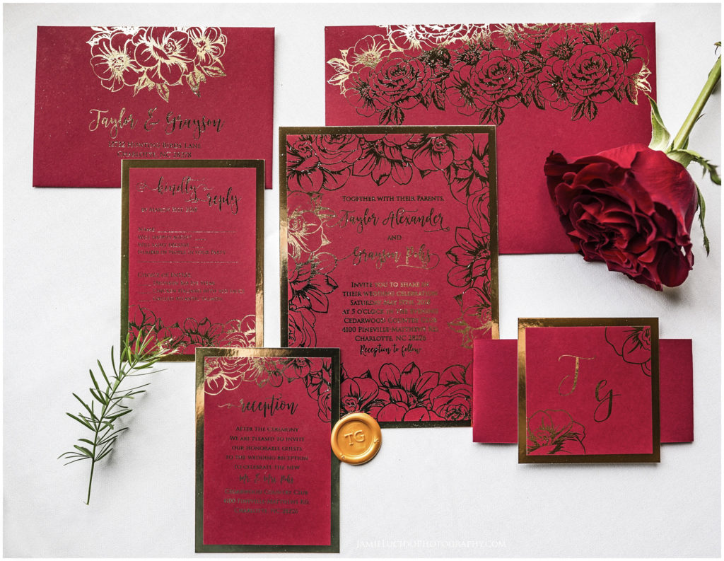 wedding invitations, styled invitation, invitation suite, red and gold wedding