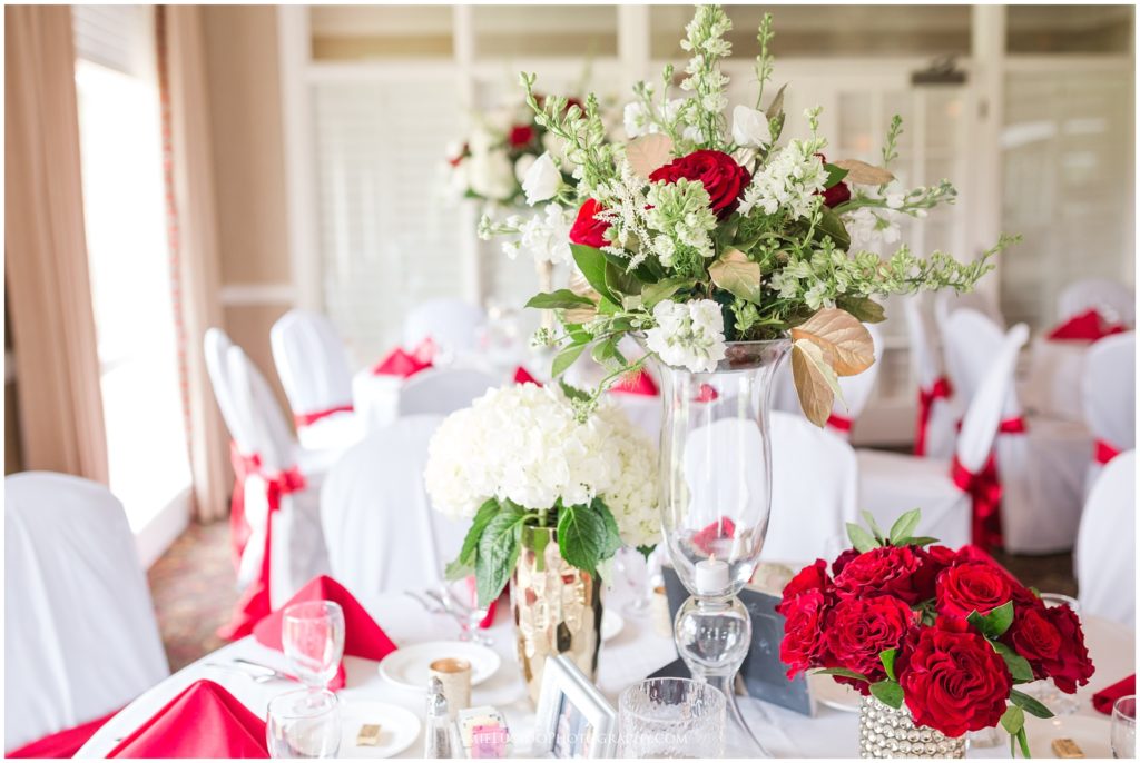 wedding reception, floral design, flowers, floral arrangement, gold and red wedding, charlotte country club, country club wedding
