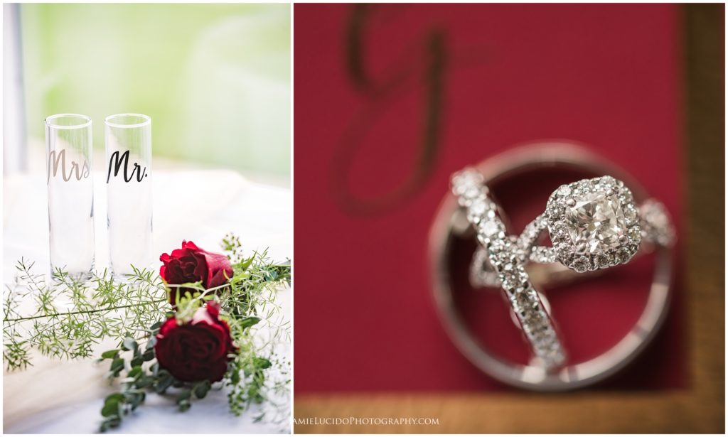ring shot, red and gold wedding, wedding day details, macro photography