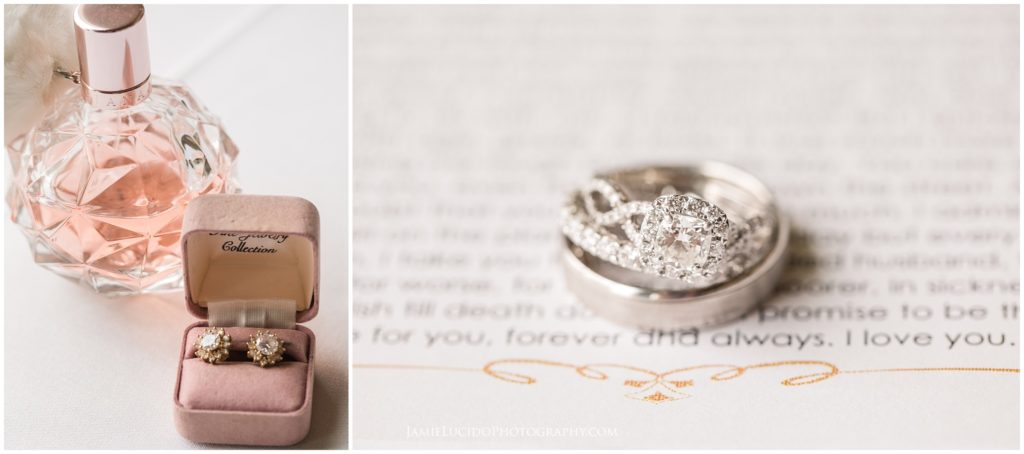 wedding day details, bridal, earrings and perfume, ring shot, wedding vows