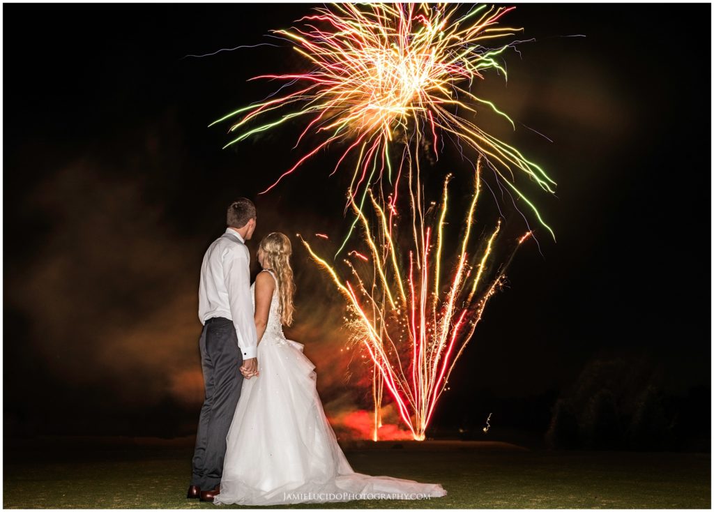 bride and groom and fireworks, fireworks at wedding, wedding send off, fireworks in a box, country club wedding, vivid fireworks, charlotte photographer, jamie lucido photography, cedarwood country club