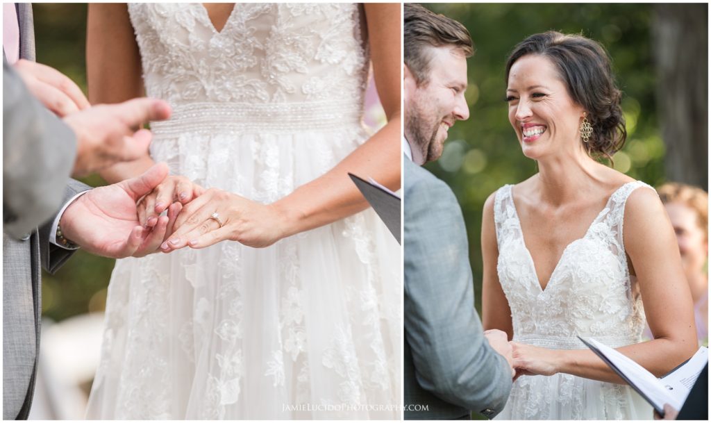 exchanging rings, wedding ceremony, wedding details, happy bride