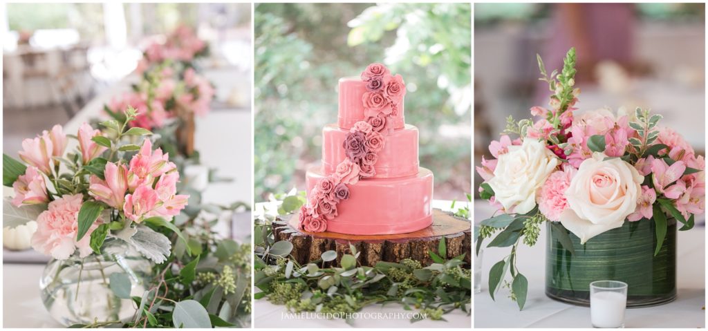 pink cake, pink wedding, pink wedding flowers, wedding table, centerpiece