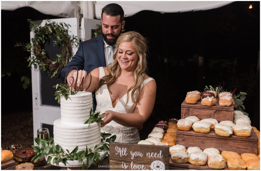 cake cutting, cut the cake, bride and groom, reception, wedding reception, wedding donuts