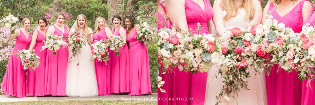 bride and bridesmaids, pink wedding, fuschia wedding, brookgreen garden in spring, wedding photography