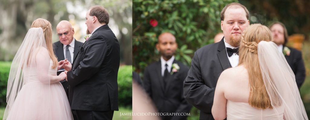 with this ring, groom puts ring on bride, brookgreen garden wedding, wedding vows, wedding photography