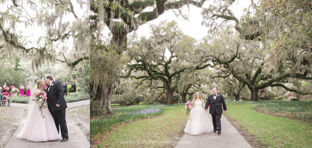 just married, brookgreen garden live oak allee wedding, spanish moss on oak trees, fairytale wedding
