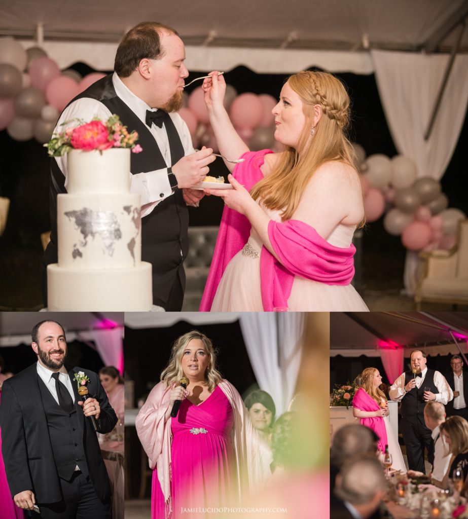 bride and groom eat cake, cake at wedding, wedding toasts, pink wedding
