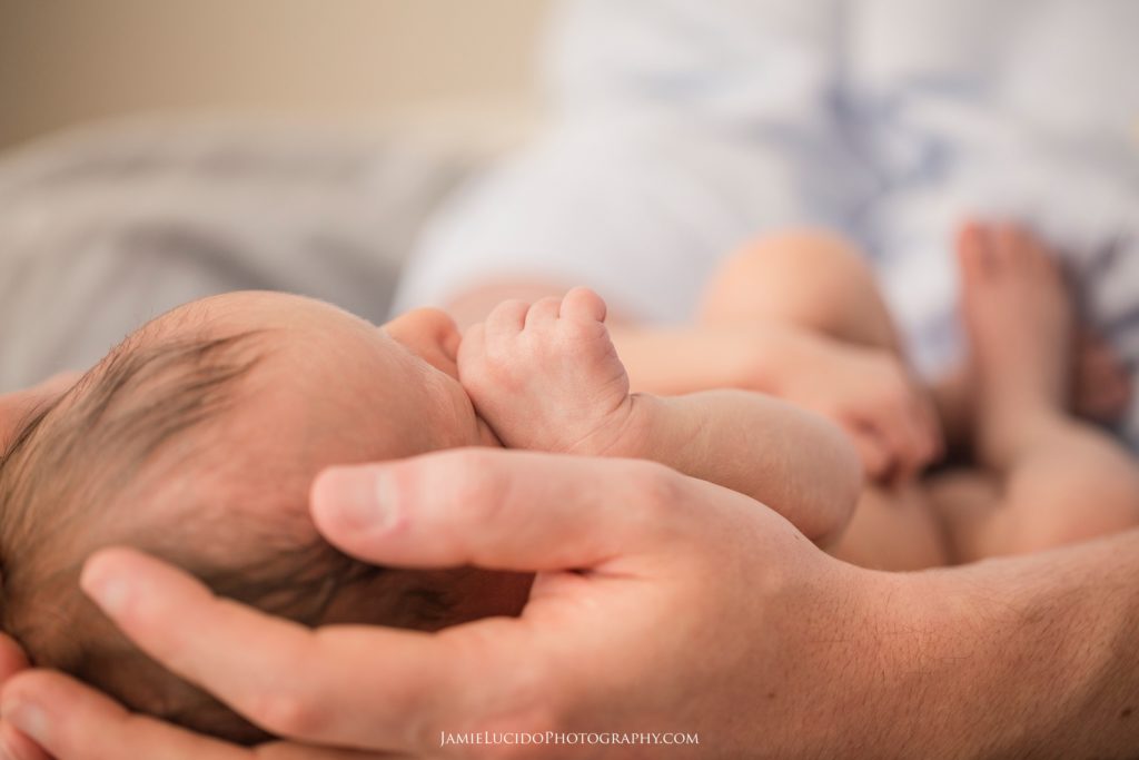 in dads hands, newborn details, baby photography