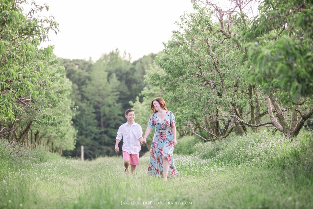 mother son photography, peach orchard photography, springtime portrait