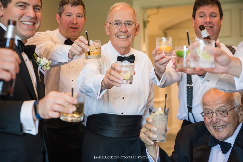 wedding photography, groomsmen, toast the groom