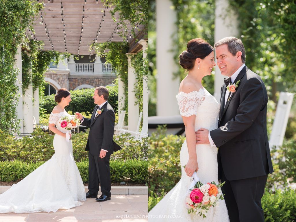 bride and groom, first look, ballantyne hotel wedding, summer wedding