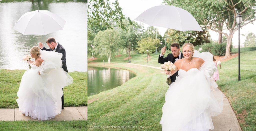 bride and groom walking in the rain, rainy day wedding, wedding day umbrella, wedding documentary, documentary photography, charlotte documentary photographer