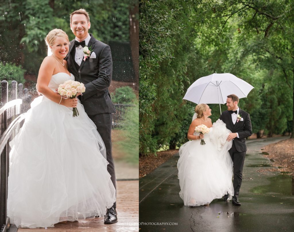 wedding portraits in the rain, rainy day wedding photos, backlit rain photography