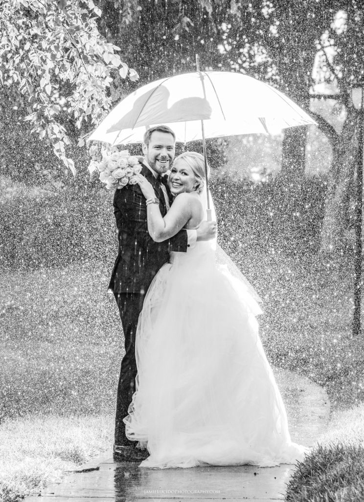 bride and groom in the rain, rainy day wedding, wedding day superstition, how to photograph in the rain, frozen rain, charlotte photographer, charlotte wedding photographer