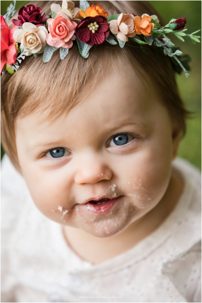 first birthday, cake smash, floral crown, jamie lucido photography