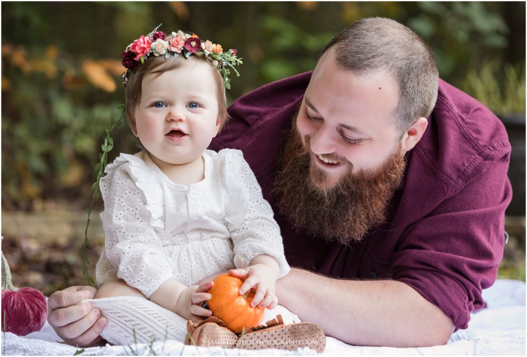 baby girl with dad, first birthday, fall family photographer